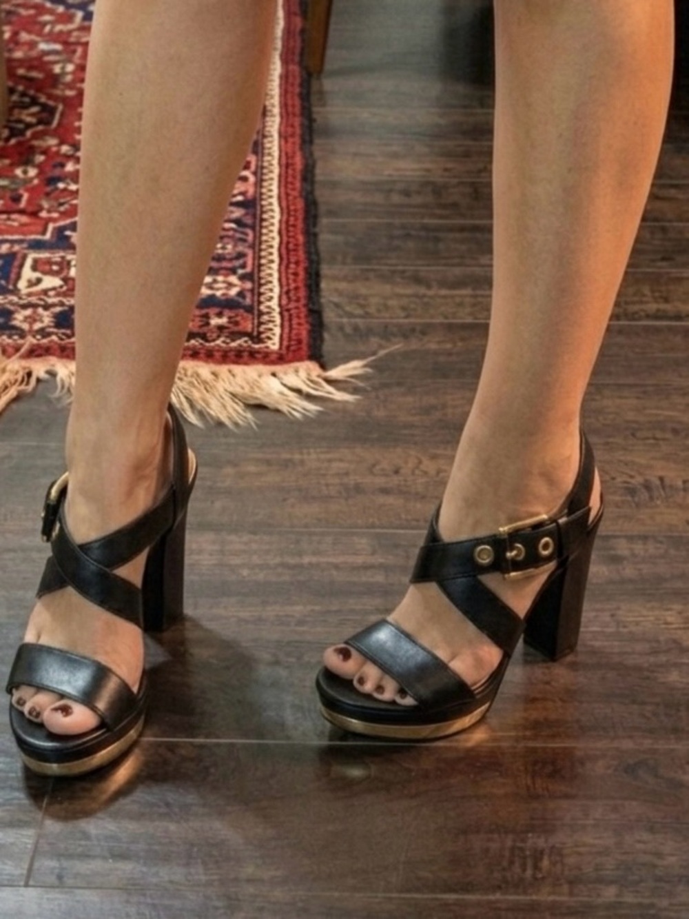 Michael Kors, Black Strappy High Heel Sandals with Buckle